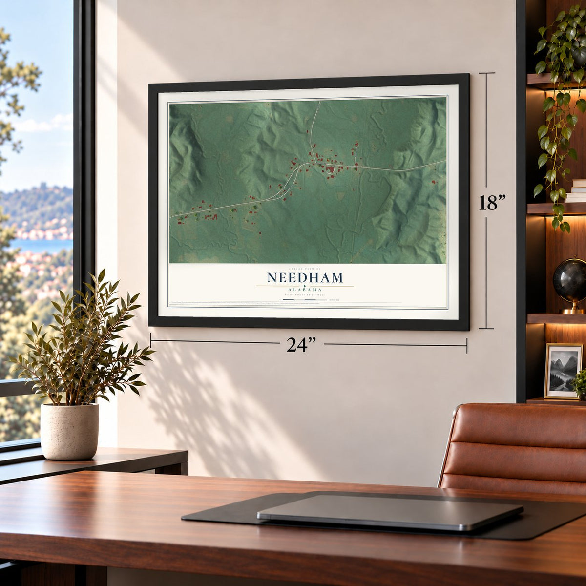Needham, Alabama map, 18 x 24 inch print in a black frame in a home office