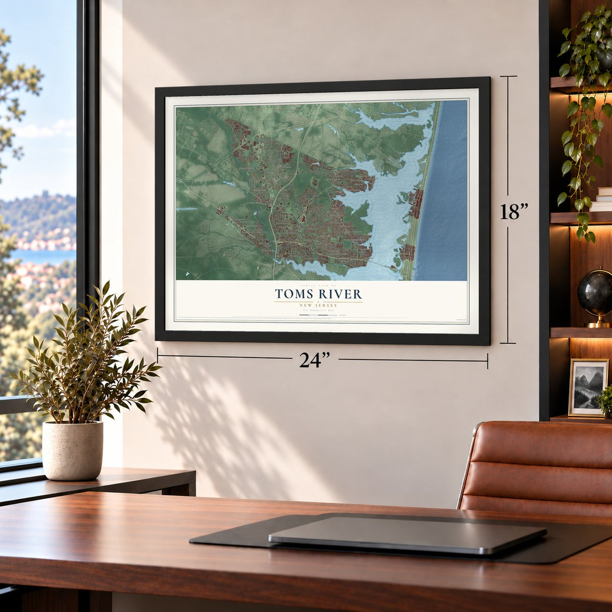 Toms River, New Jersey map, 18 x 24 inch print in a black frame in a home office