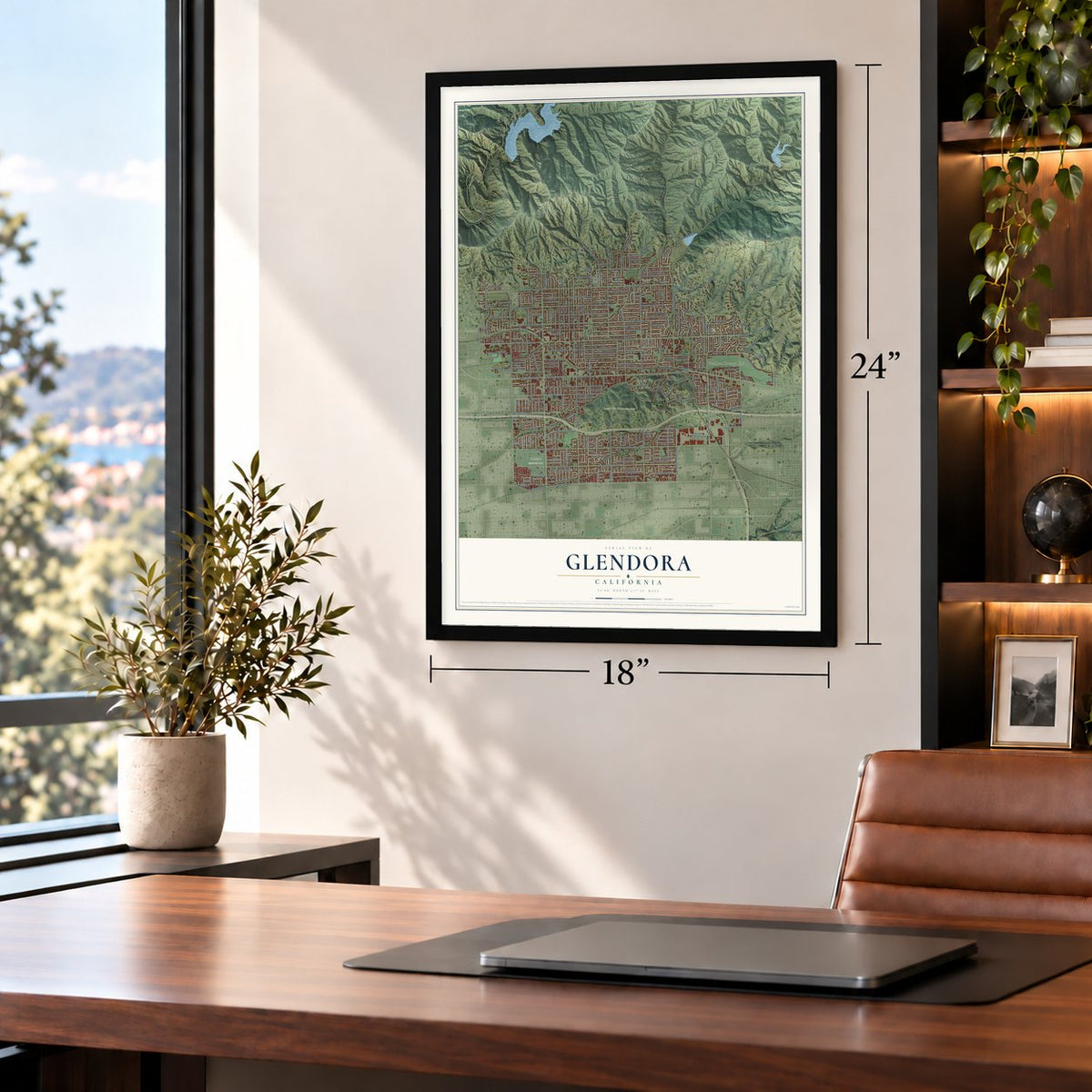 Glendora, California map, 18 x 24 inch print in a black frame in a home office