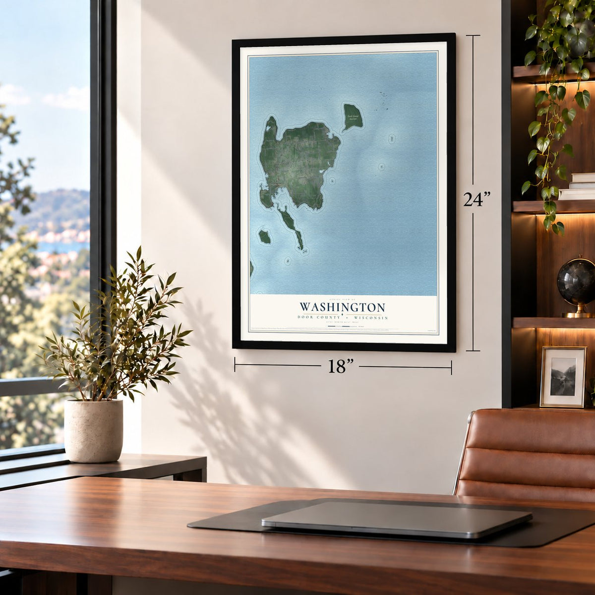 Washington, Door County, Wisconsin map, 18 x 24 inch print in a black frame in a home office