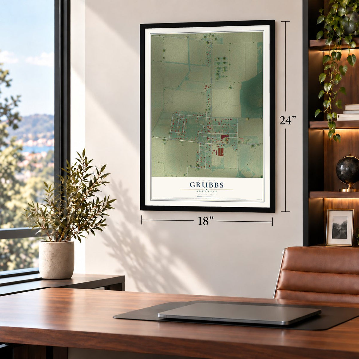 Grubbs, Arkansas map, 18 x 24 inch print in a black frame in a home office