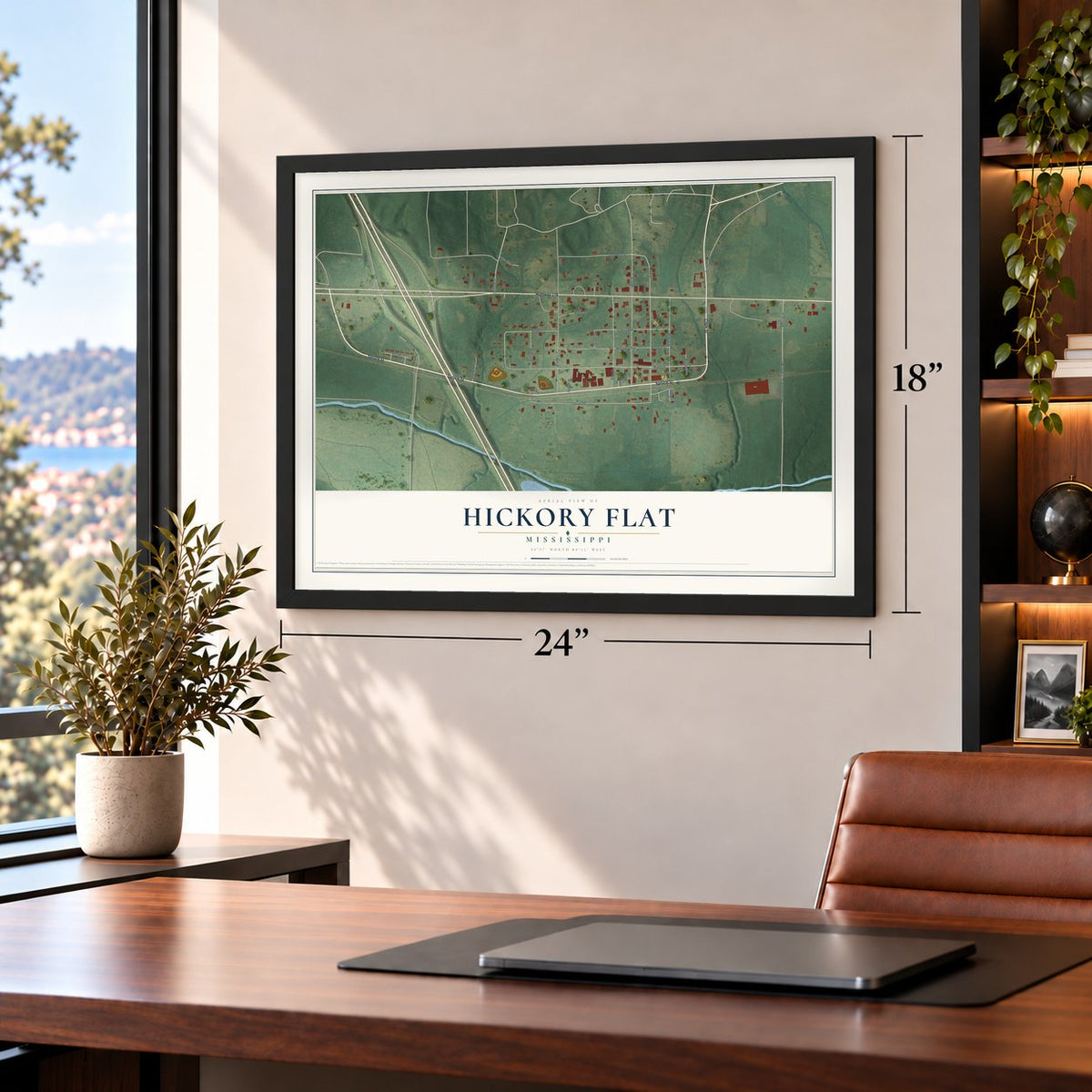 Hickory Flat, Mississippi map, 18 x 24 inch print in a black frame in a home office