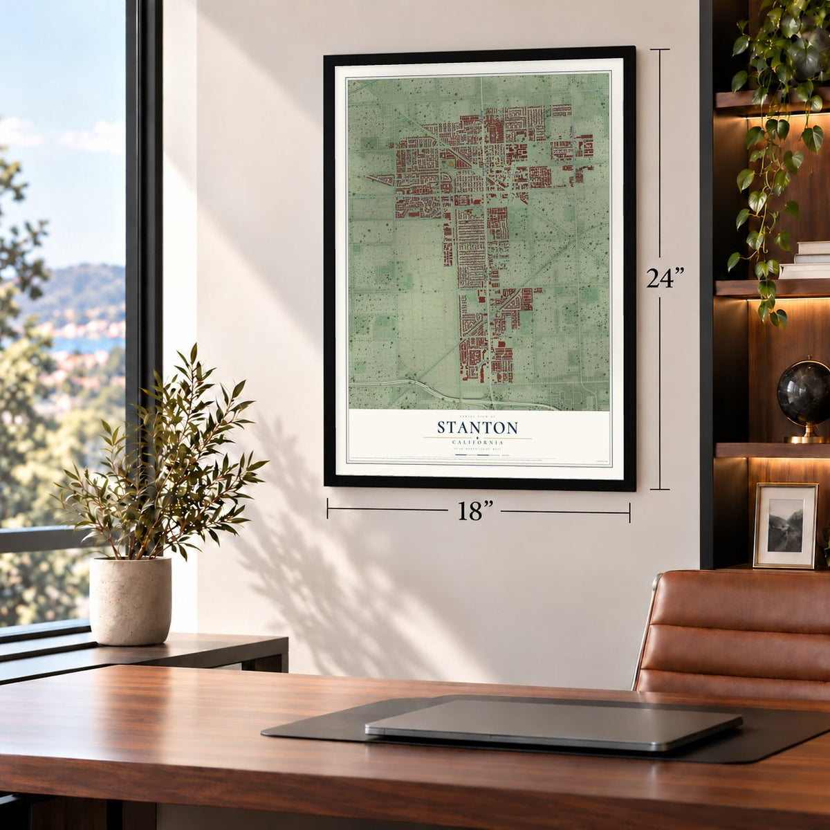 Stanton, California map, 18 x 24 inch print in a black frame in a home office