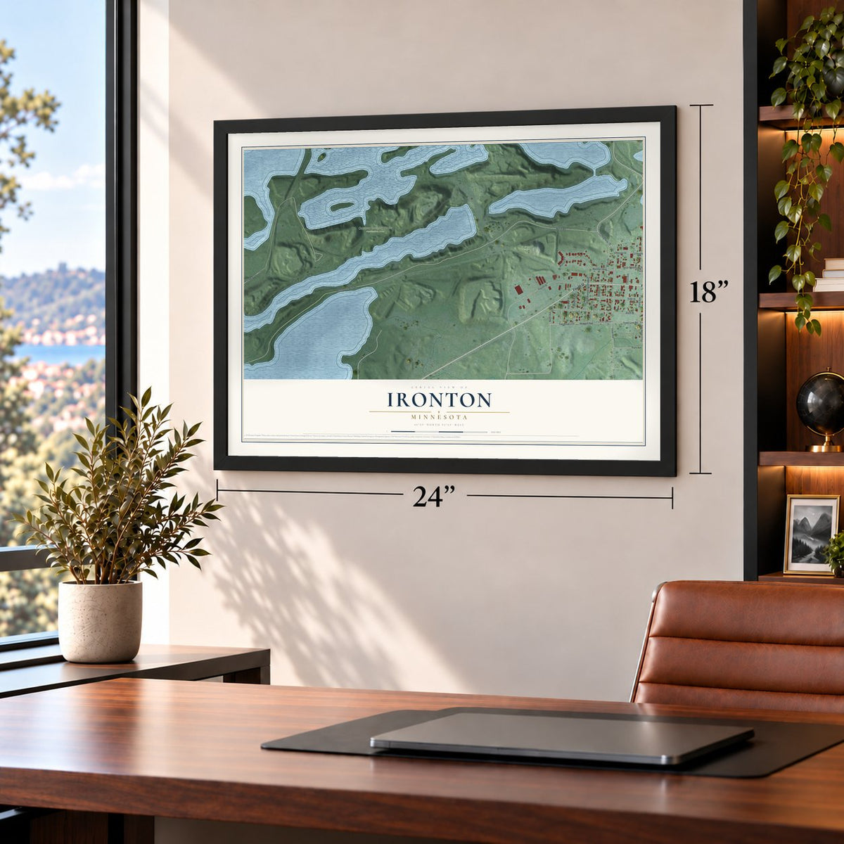 Ironton, Minnesota map, 18 x 24 inch print in a black frame in a home office
