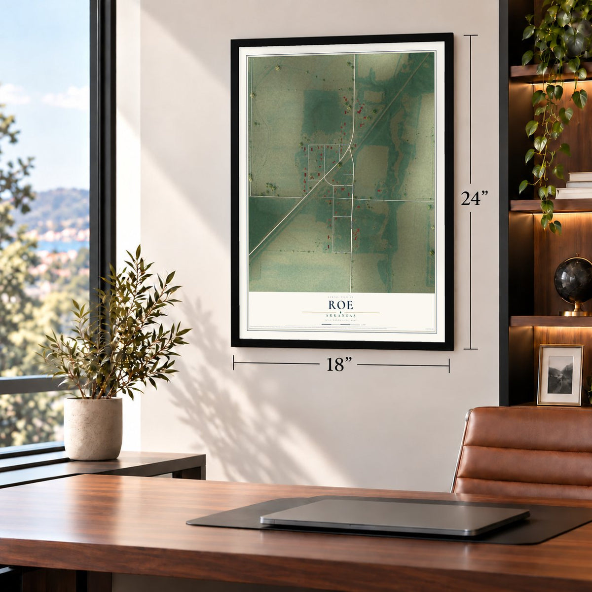 Roe, Arkansas map, 18 x 24 inch print in a black frame in a home office