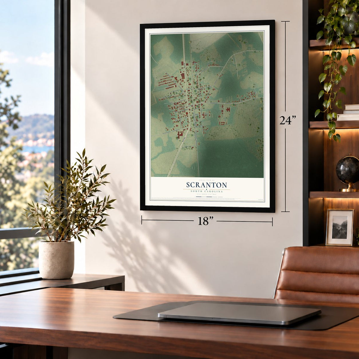 Scranton, South Carolina map, 18 x 24 inch print in a black frame in a home office