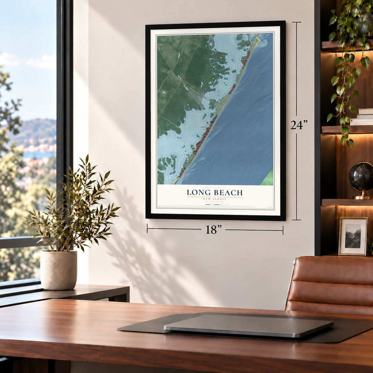 Long Beach, New Jersey map, 18 x 24 inch print in a black frame in a home office