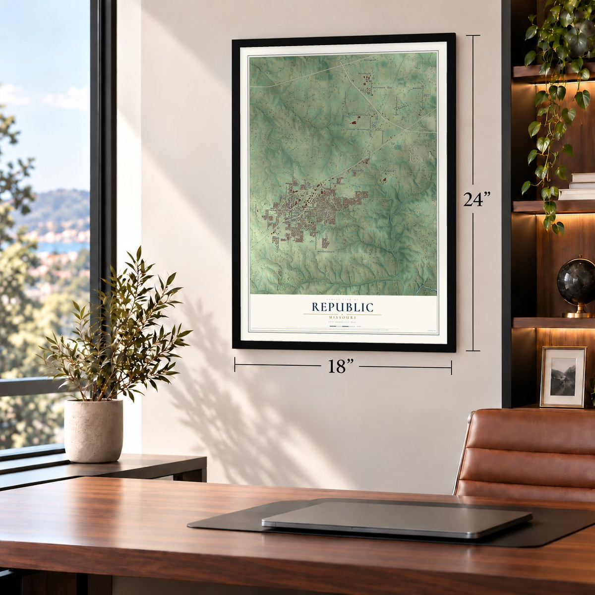 Republic, Missouri map, 18 x 24 inch print in a black frame in a home office