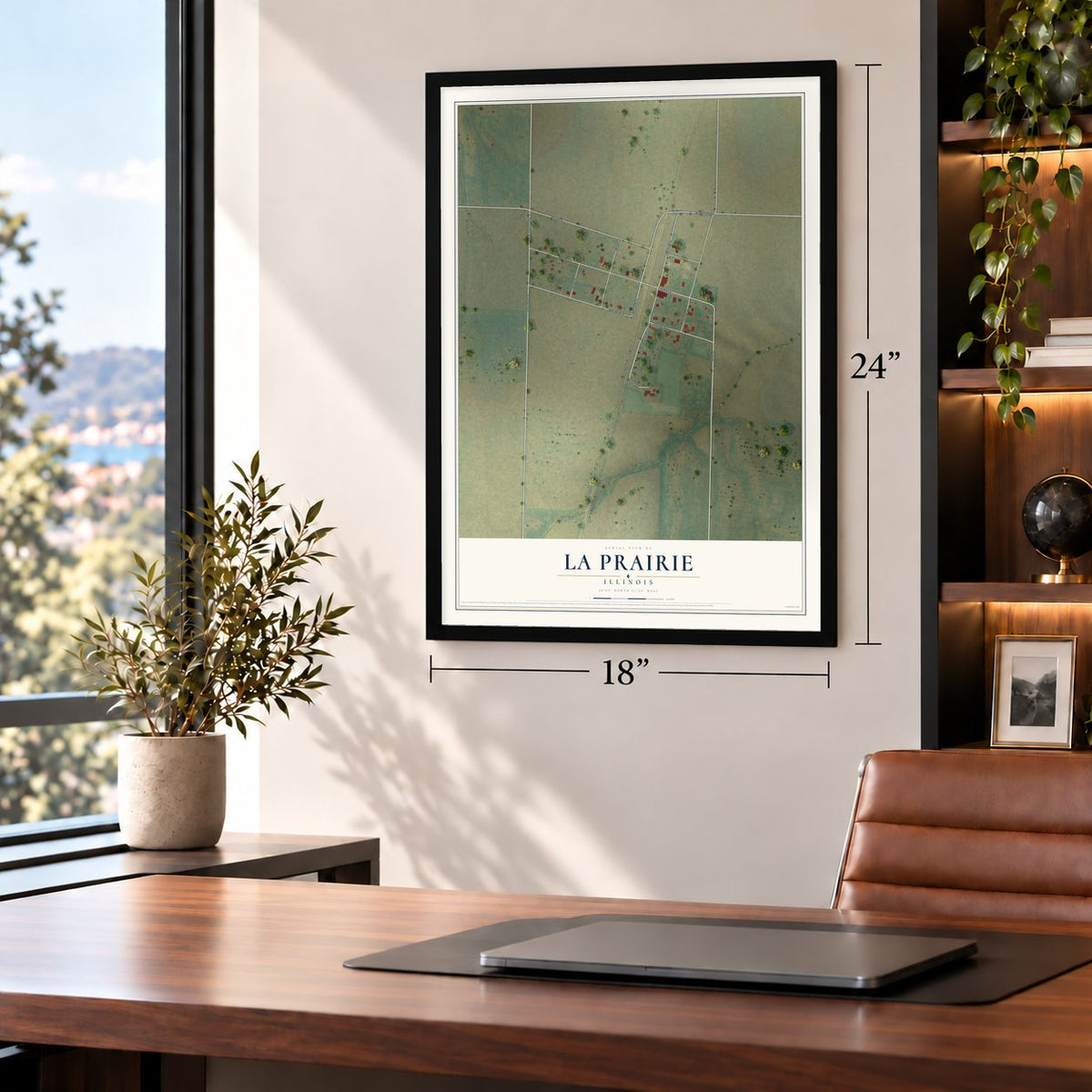 La Prairie, Illinois map, 18 x 24 inch print in a black frame in a home office