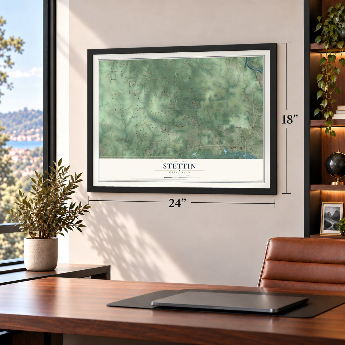 Stettin, Wisconsin map, 18 x 24 inch print in a black frame in a home office