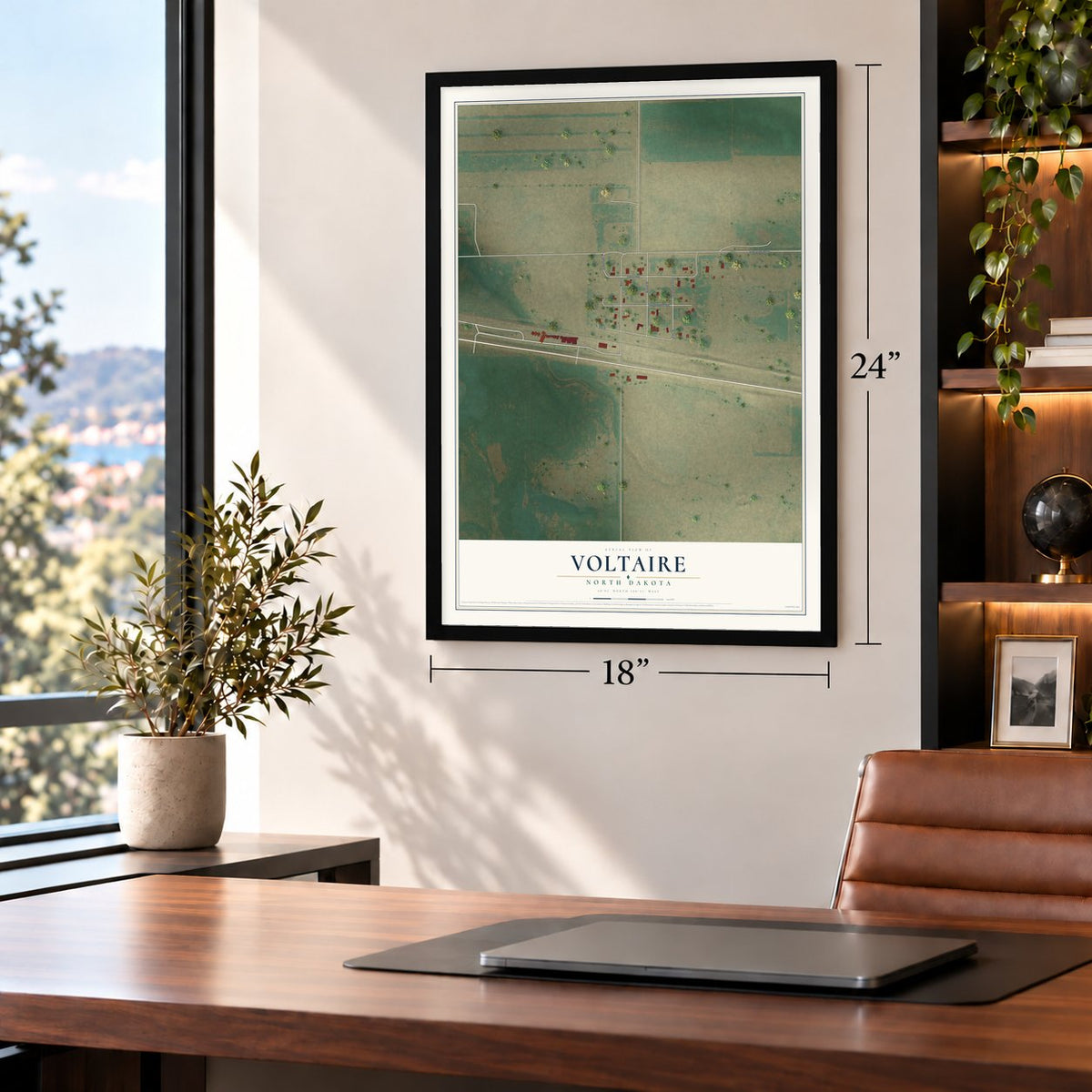 Voltaire, North Dakota map, 18 x 24 inch print in a black frame in a home office