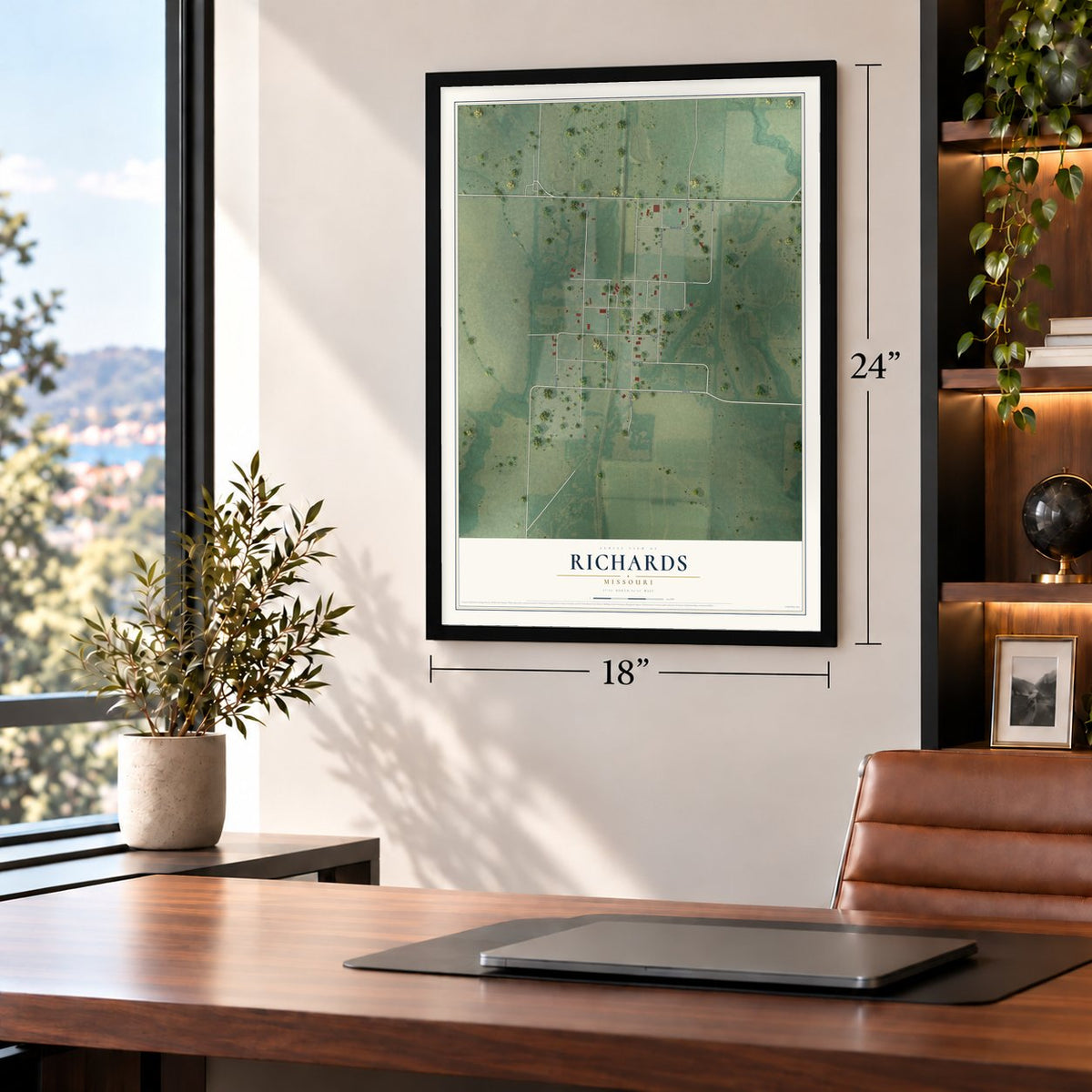 Richards, Missouri map, 18 x 24 inch print in a black frame in a home office