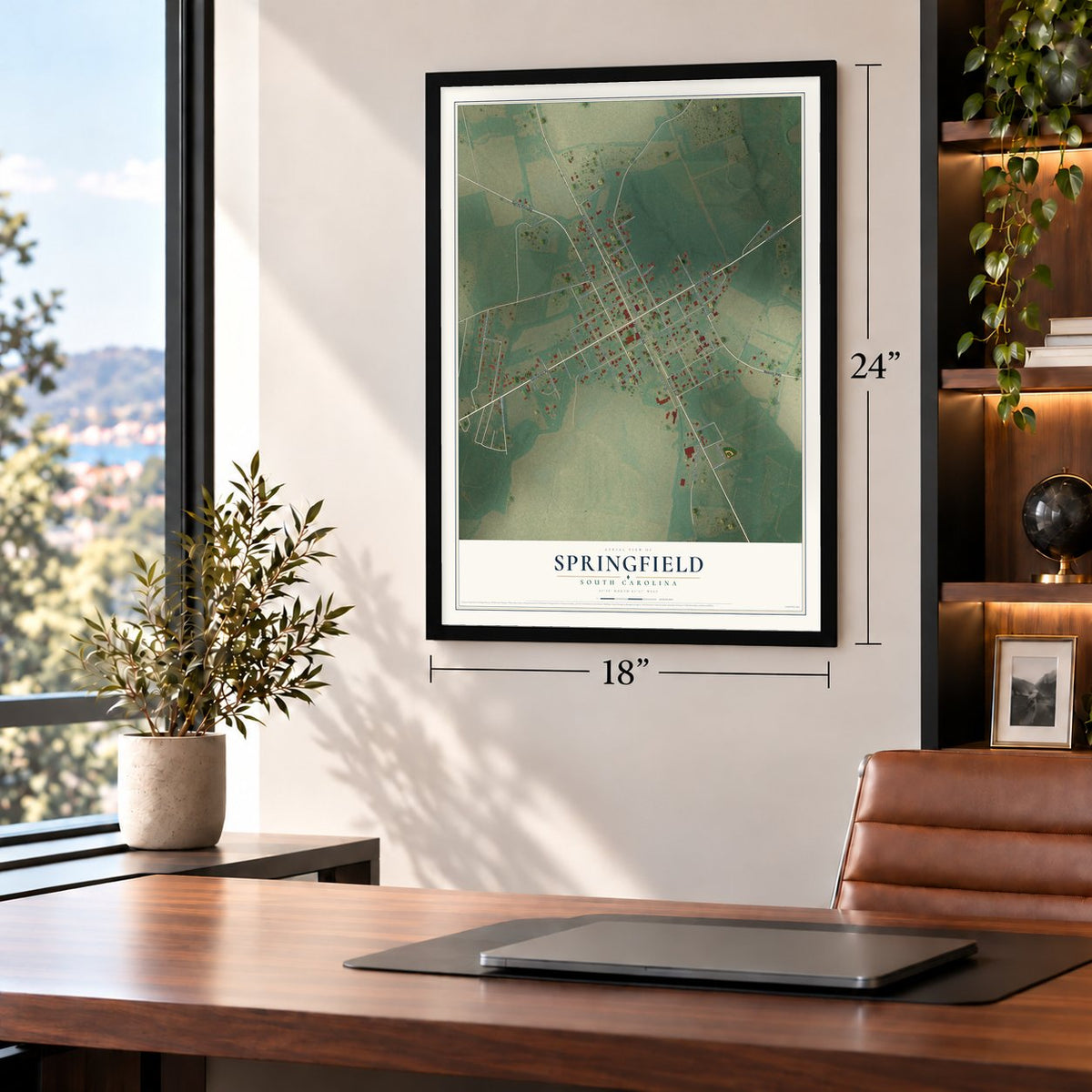 Springfield, South Carolina map, 18 x 24 inch print in a black frame in a home office