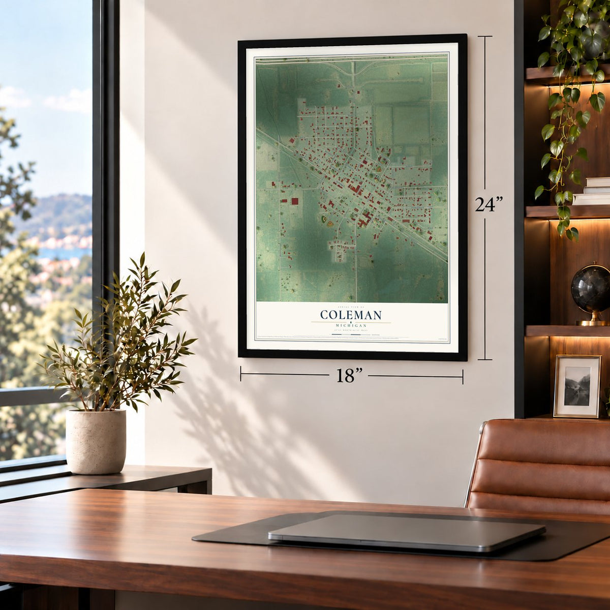 Coleman, Michigan map, 18 x 24 inch print in a black frame in a home office