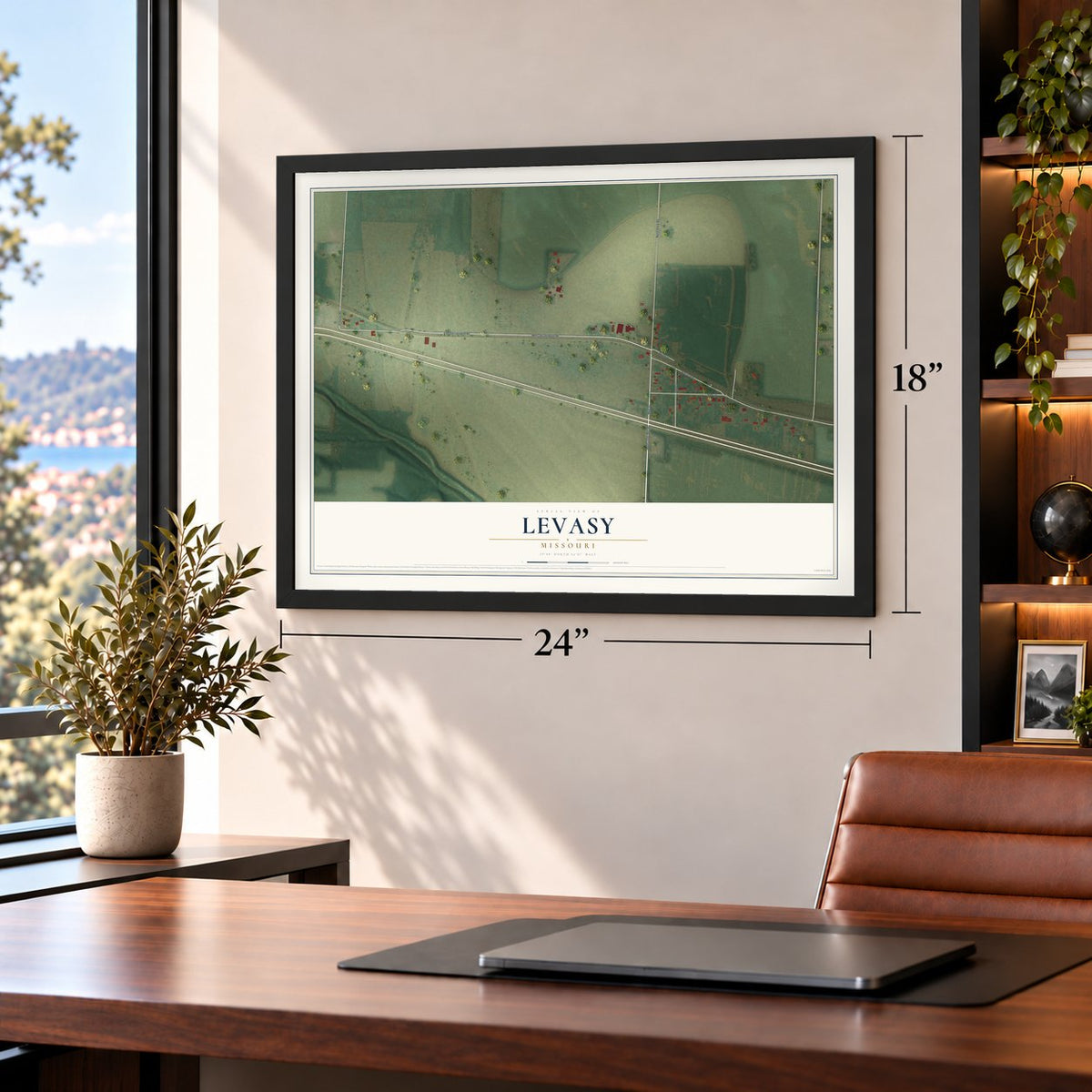 Levasy, Missouri map, 18 x 24 inch print in a black frame in a home office