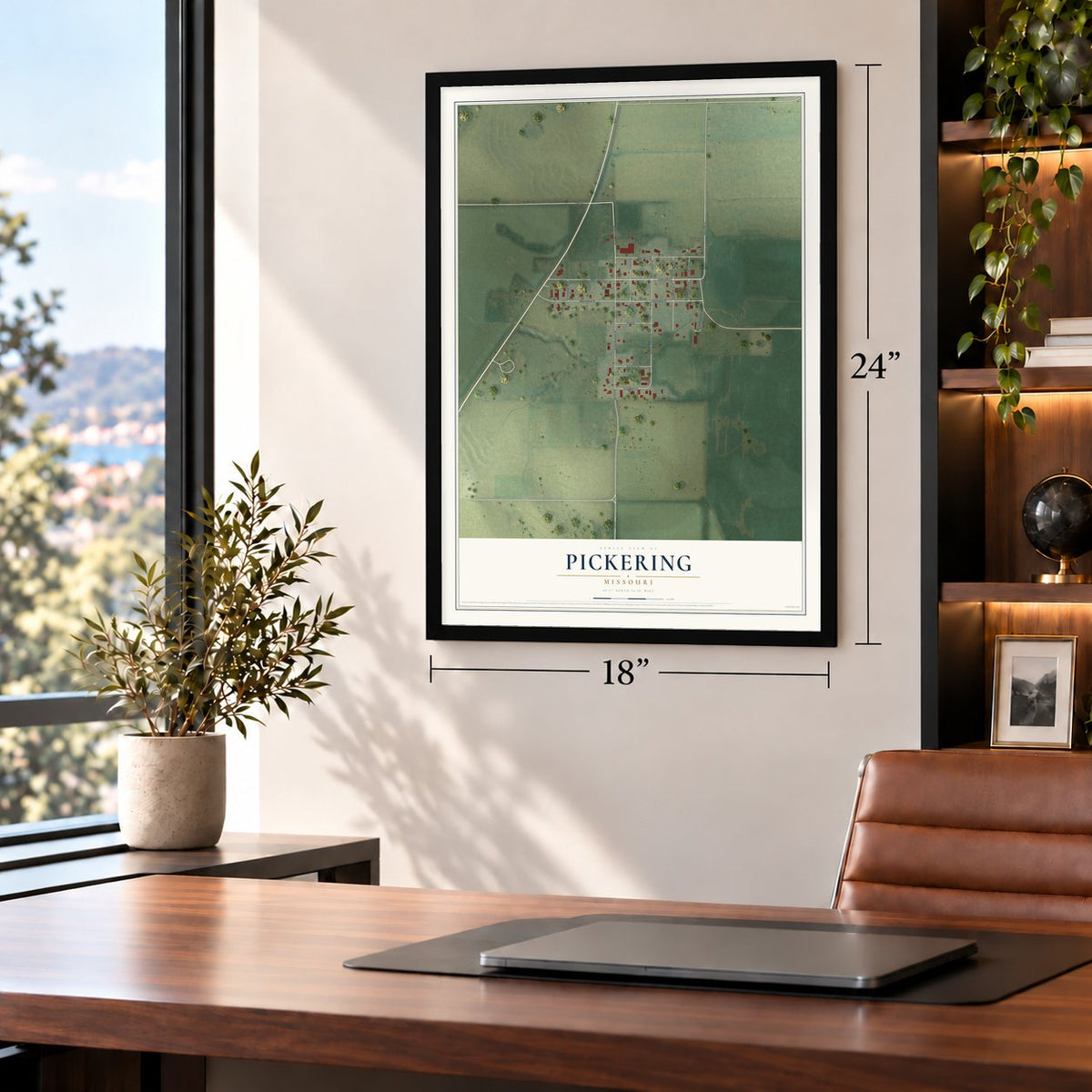 Pickering, Missouri map, 18 x 24 inch print in a black frame in a home office