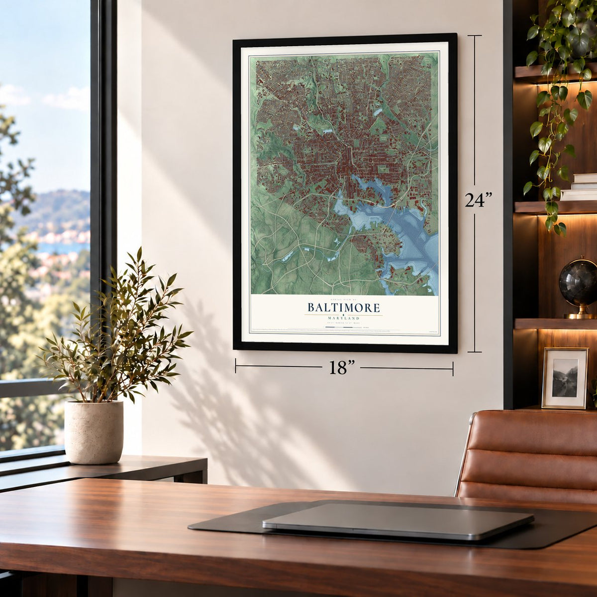 Baltimore, Maryland map, 18 x 24 inch print in a black frame in a home office