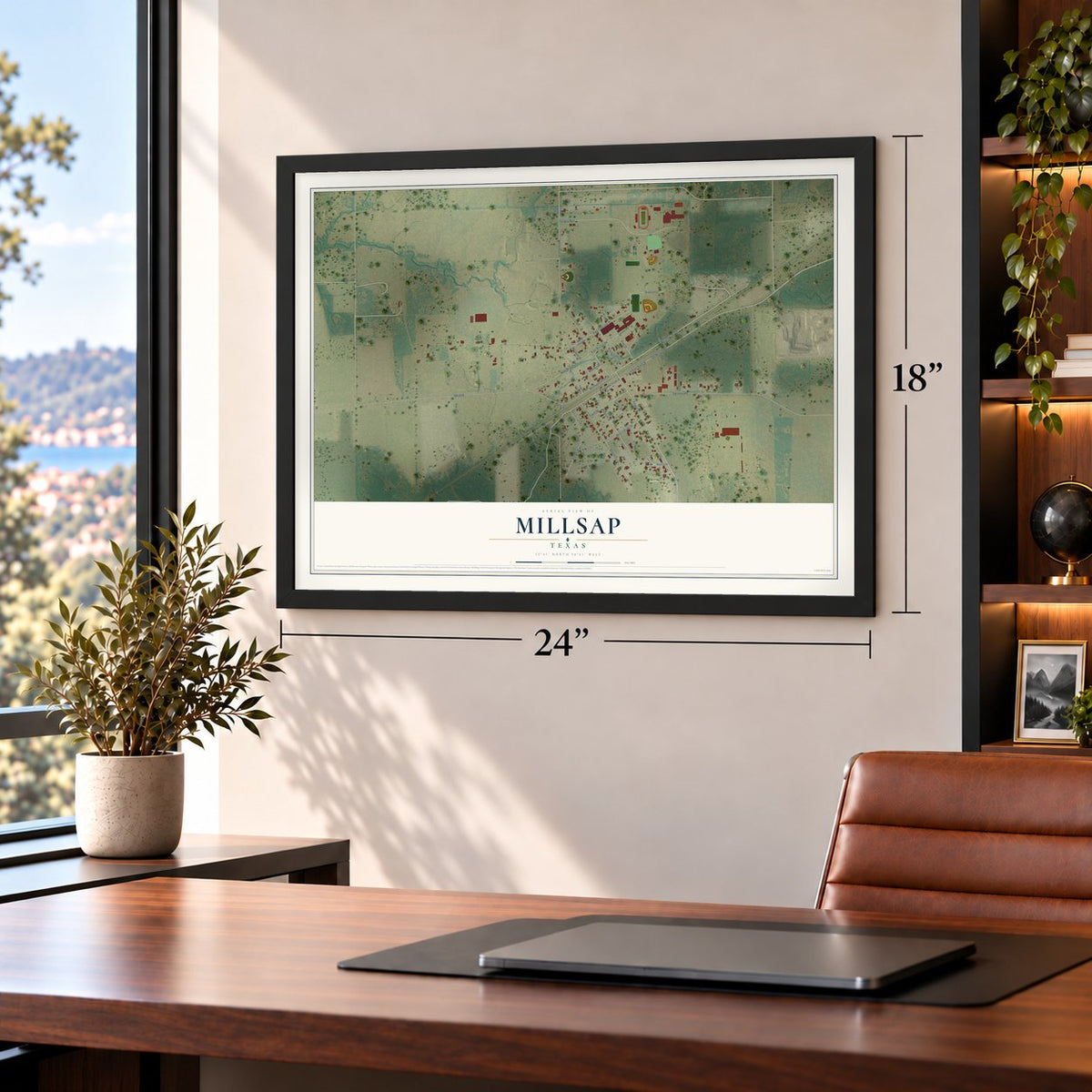 Millsap, Texas map, 18 x 24 inch print in a black frame in a home office