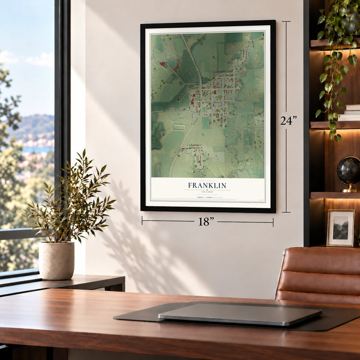 Franklin, Idaho map, 18 x 24 inch print in a black frame in a home office