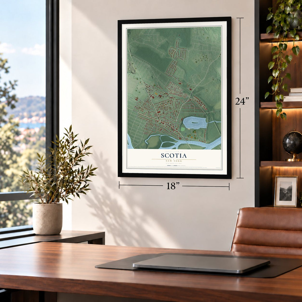 Scotia, New York map, 18 x 24 inch print in a black frame in a home office