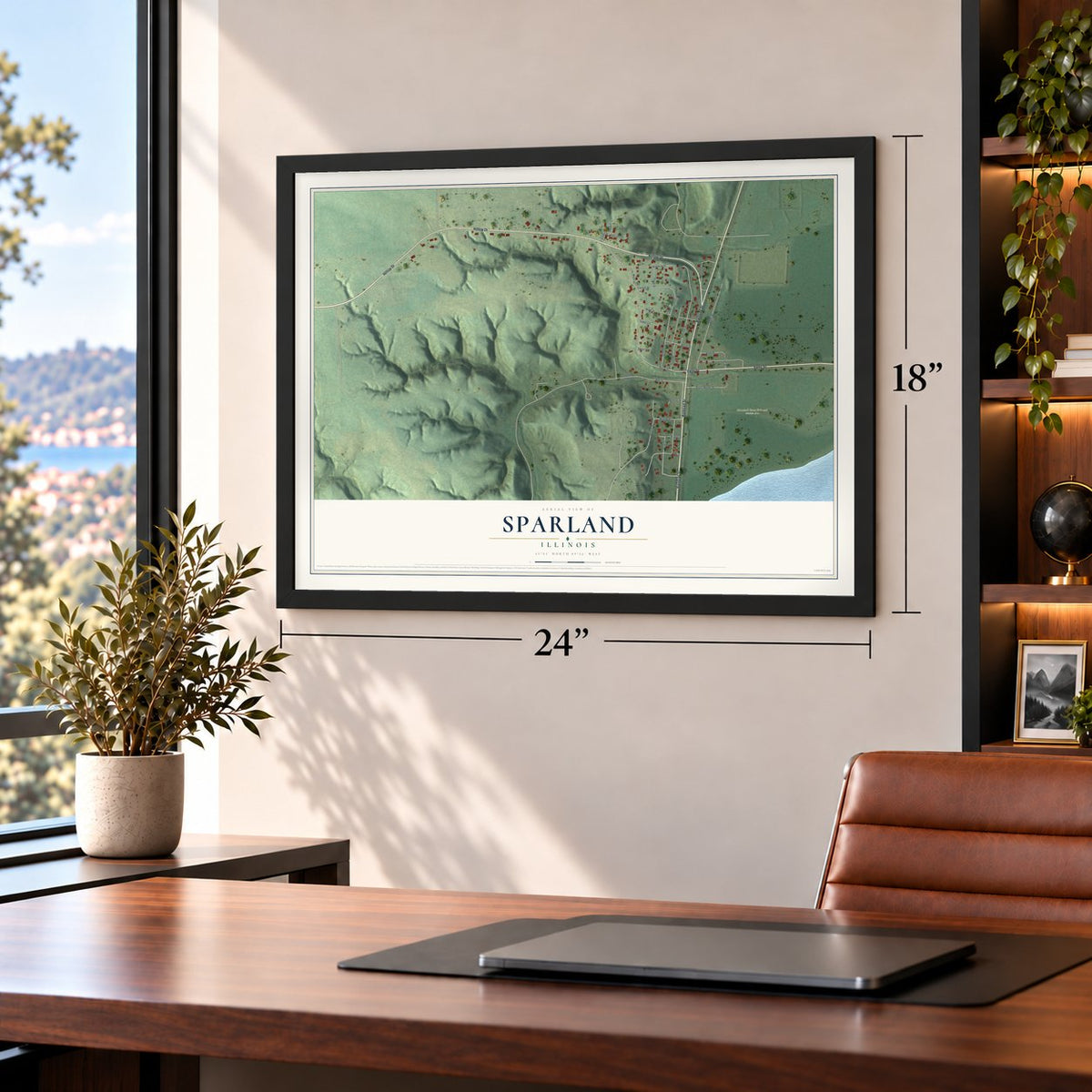 Sparland, Illinois map, 18 x 24 inch print in a black frame in a home office