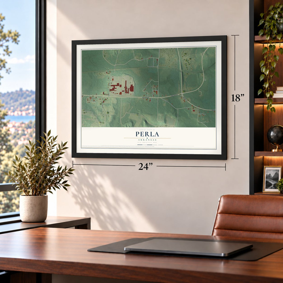 Perla, Arkansas map, 18 x 24 inch print in a black frame in a home office