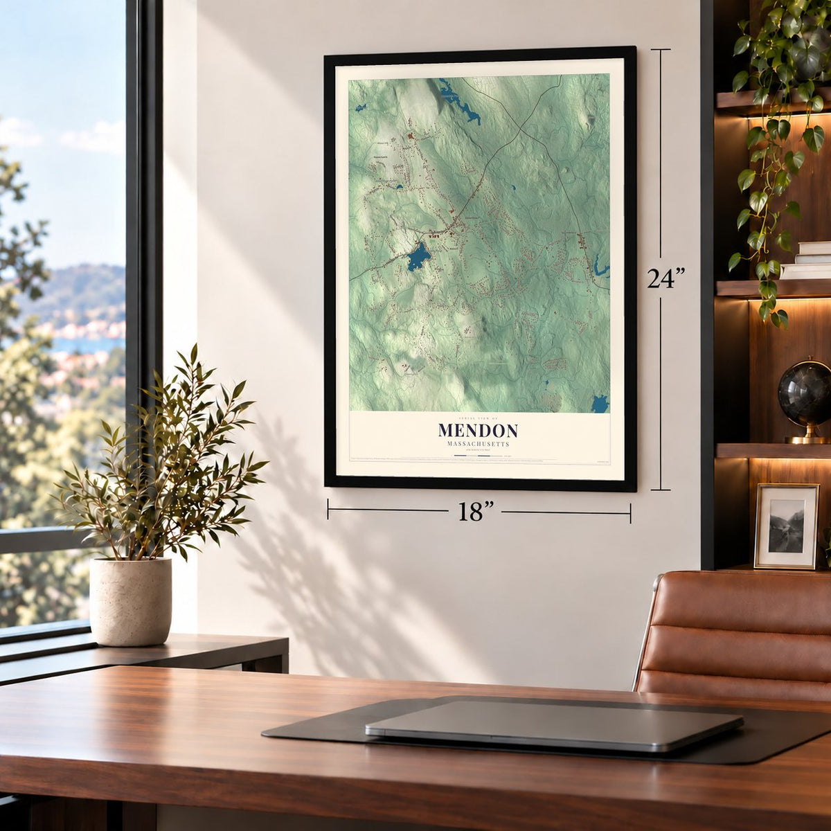 Mendon, Massachusetts map, 18 x 24 inch print in a black frame in a home office