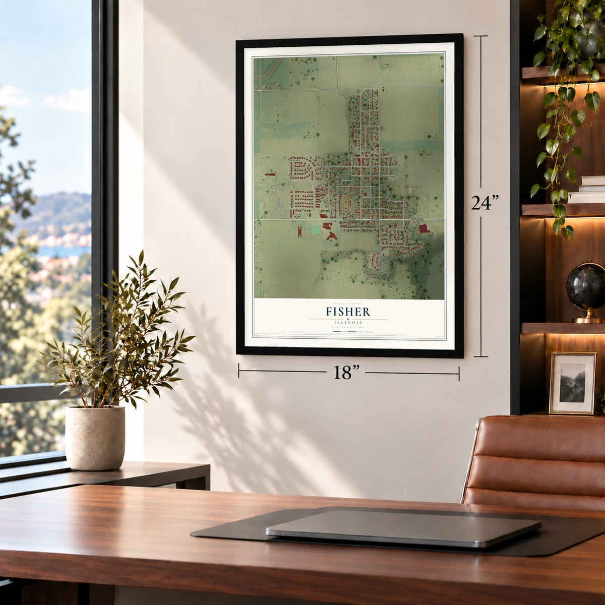 Fisher, Illinois map, 18 x 24 inch print in a black frame in a home office