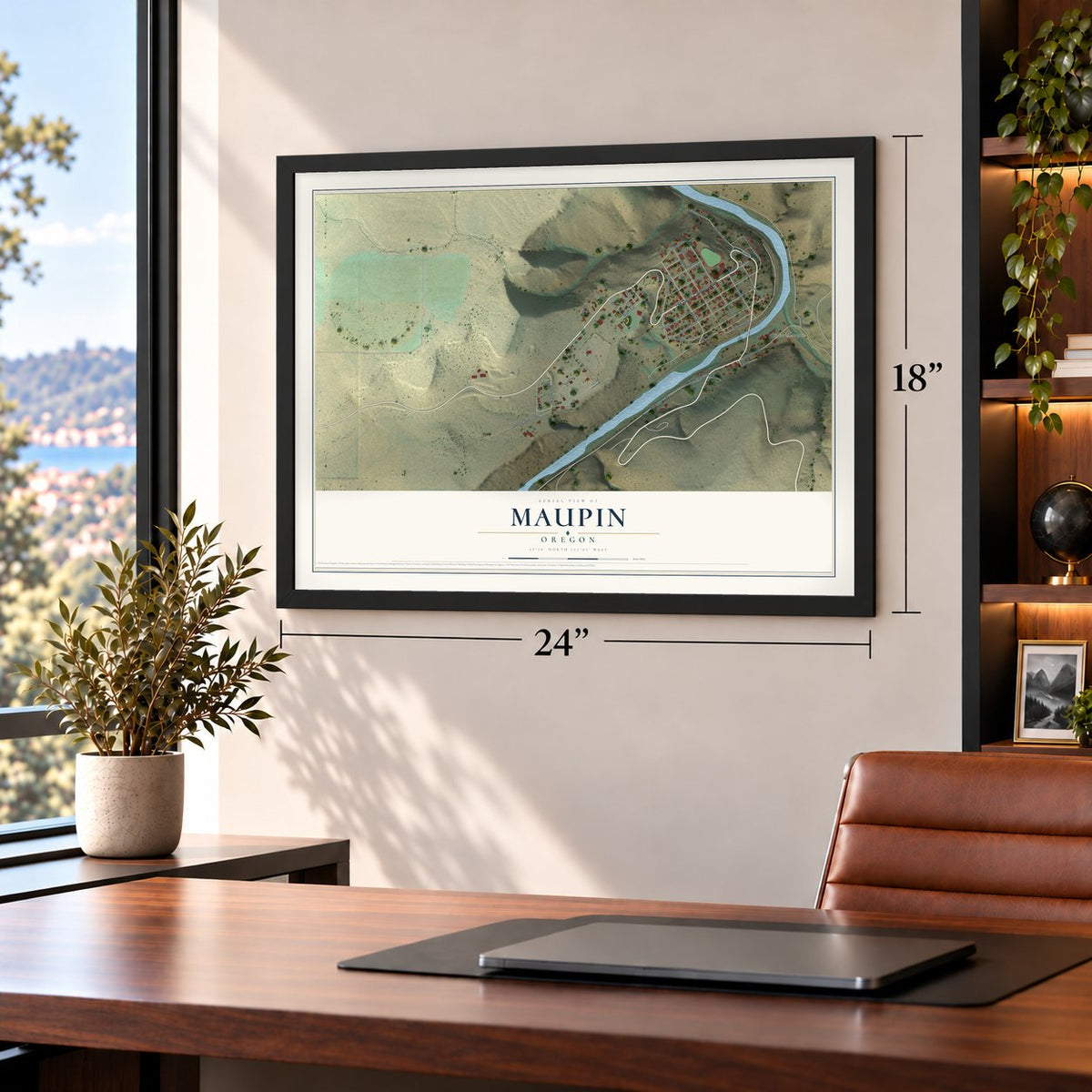 Maupin, Oregon map, 18 x 24 inch print in a black frame in a home office