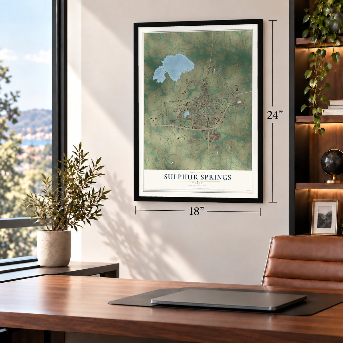 Sulphur Springs, Texas map, 18 x 24 inch print in a black frame in a home office