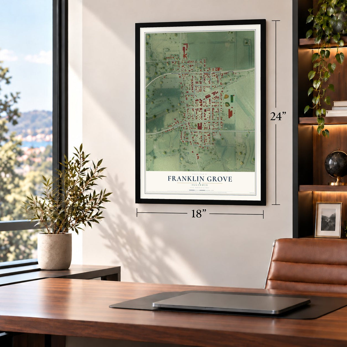 Franklin Grove, Illinois map, 18 x 24 inch print in a black frame in a home office