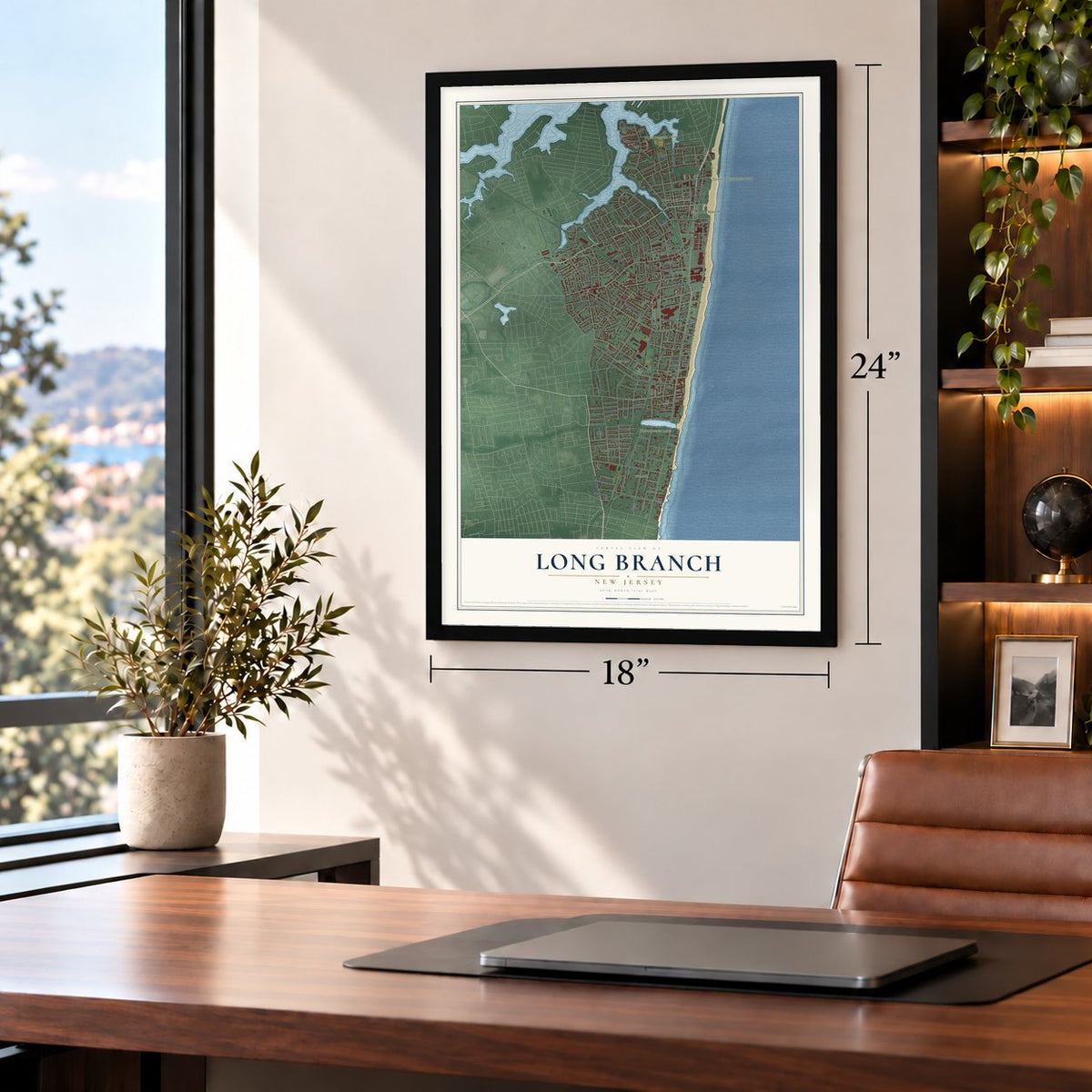 Long Branch, New Jersey map, 18 x 24 inch print in a black frame in a home office