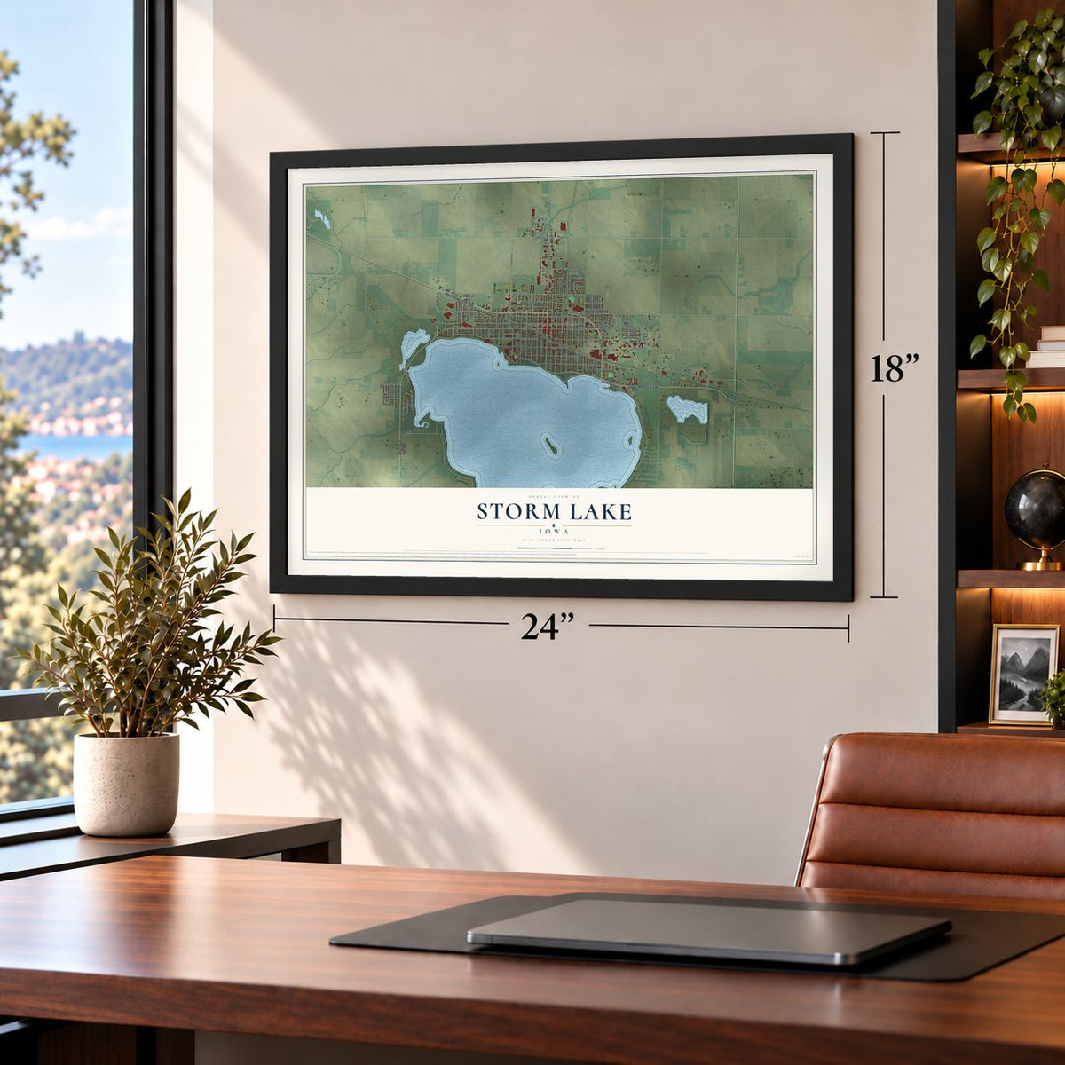 Storm Lake, Iowa map, 18 x 24 inch print in a black frame in a home office