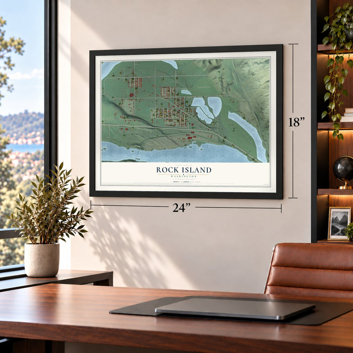 Rock Island, Washington map, 18 x 24 inch print in a black frame in a home office