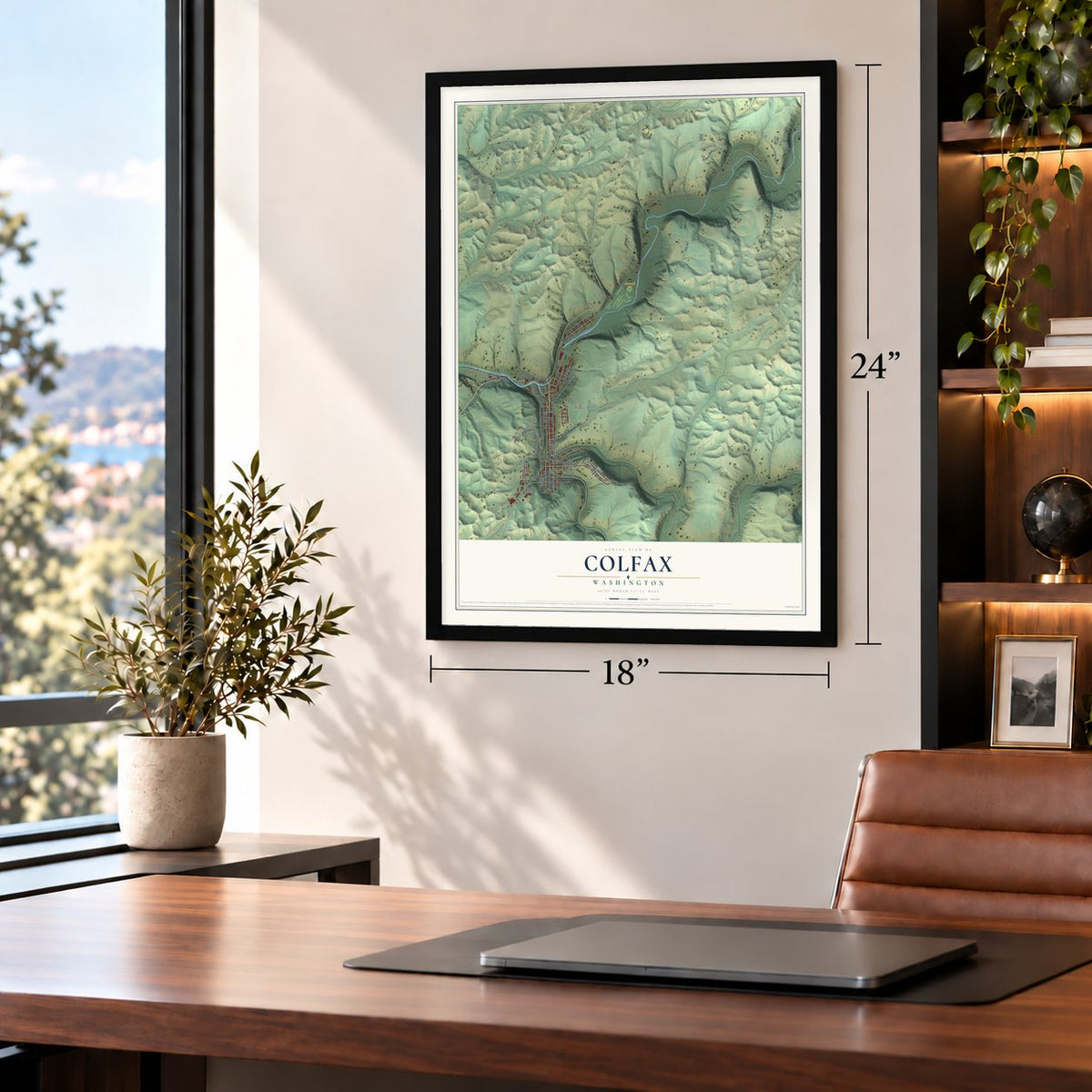 Colfax, Washington map, 18 x 24 inch print in a black frame in a home office