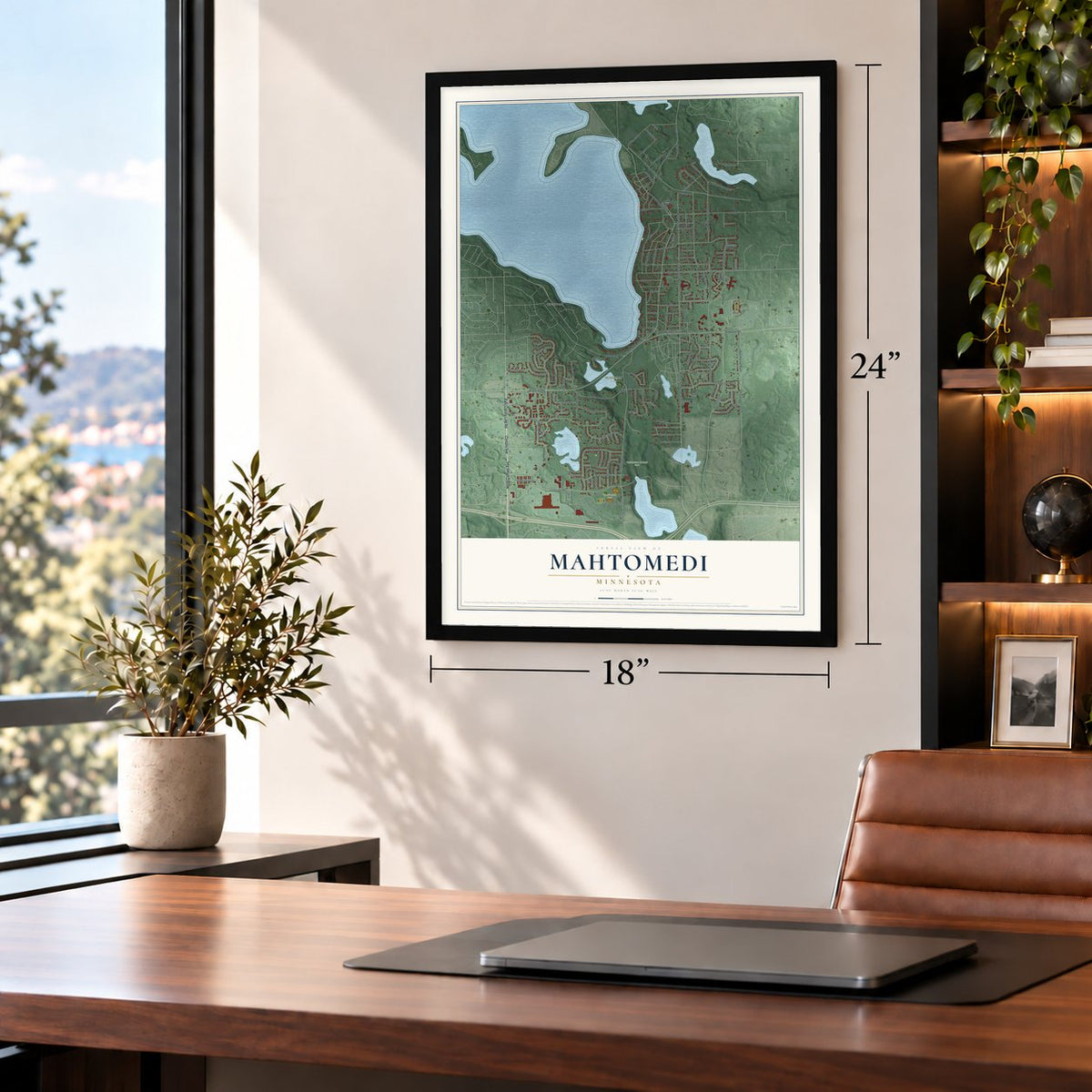Mahtomedi, Minnesota map, 18 x 24 inch print in a black frame in a home office
