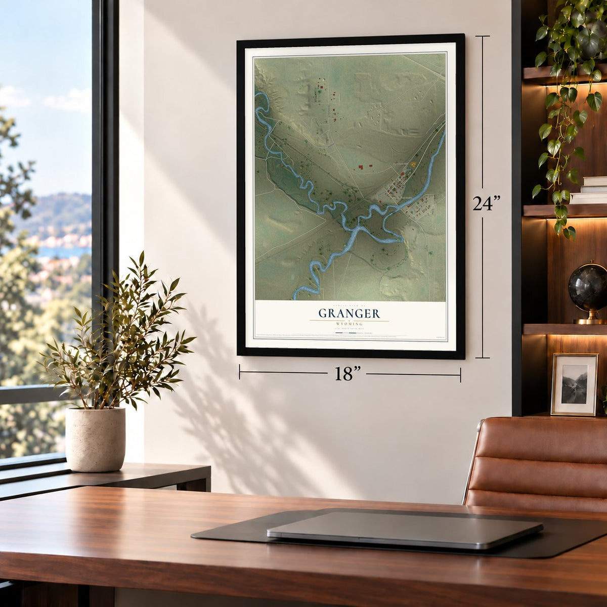 Granger, Wyoming map, 18 x 24 inch print in a black frame in a home office