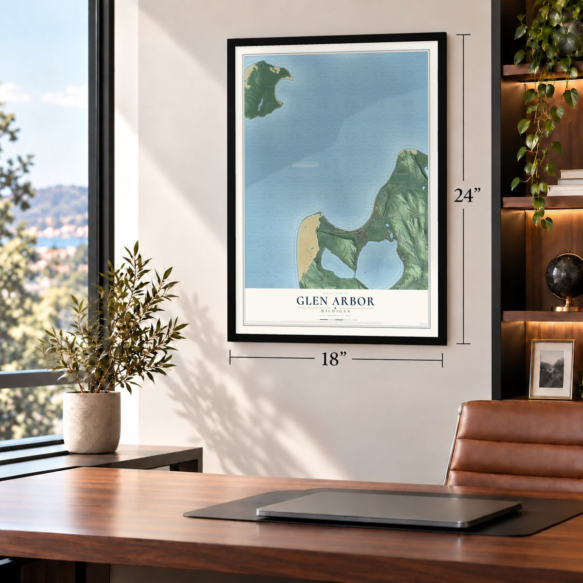 Glen Arbor, Michigan map, 18 x 24 inch print in a black frame in a home office