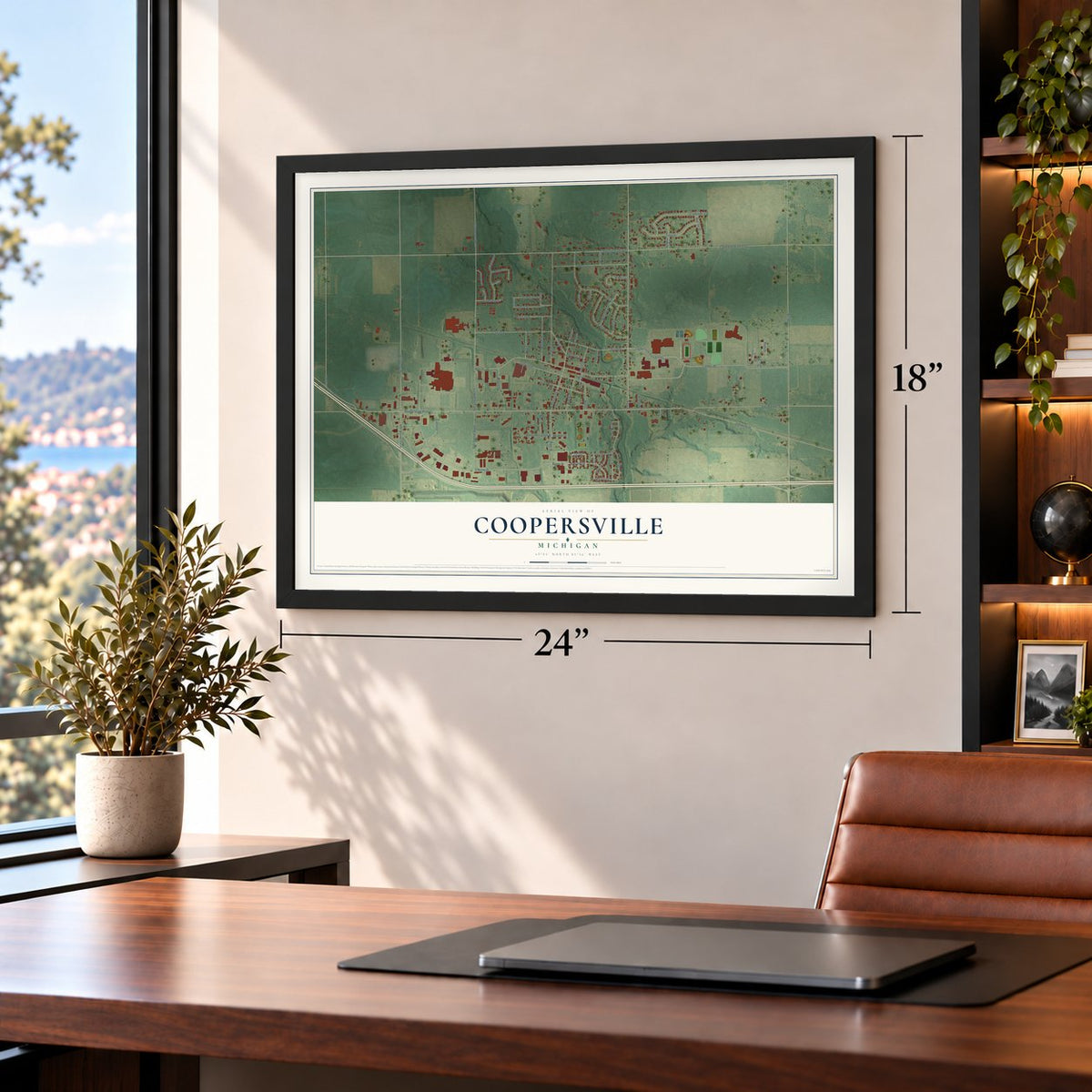 Coopersville, Michigan map, 18 x 24 inch print in a black frame in a home office