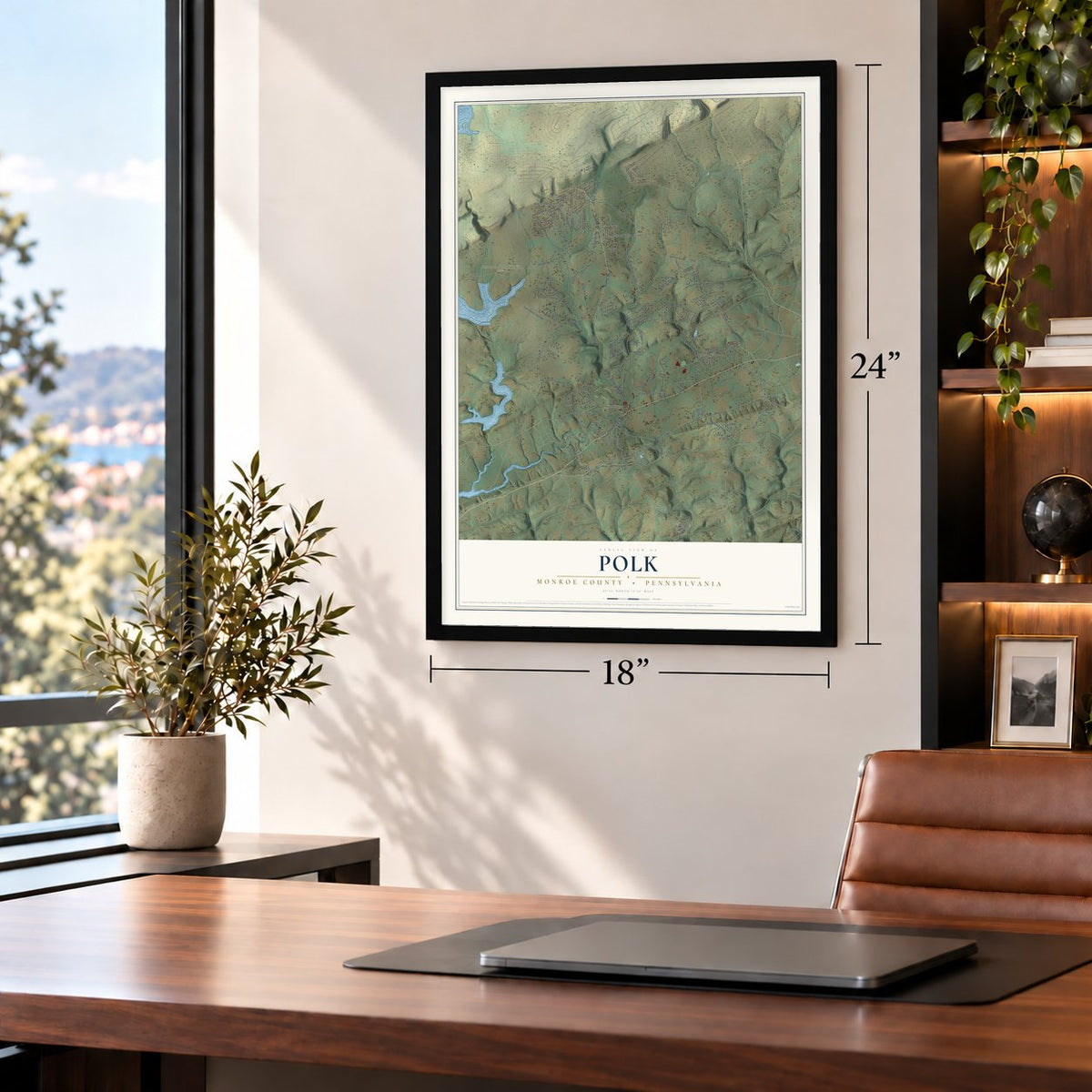 Polk, Monroe County, Pennsylvania map, 18 x 24 inch print in a black frame in a home office