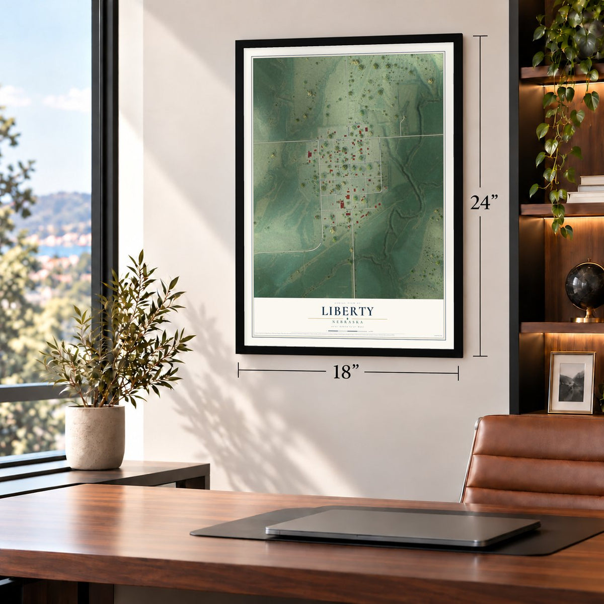 Liberty, Nebraska map, 18 x 24 inch print in a black frame in a home office