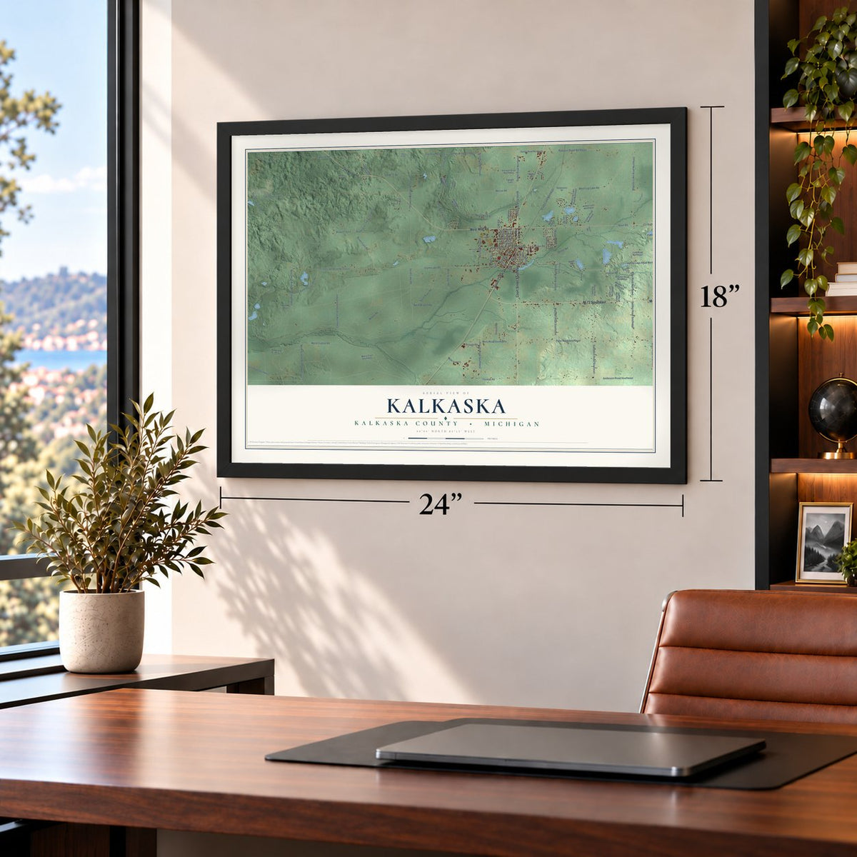 Kalkaska, Kalkaska County, Michigan map, 18 x 24 inch print in a black frame in a home office