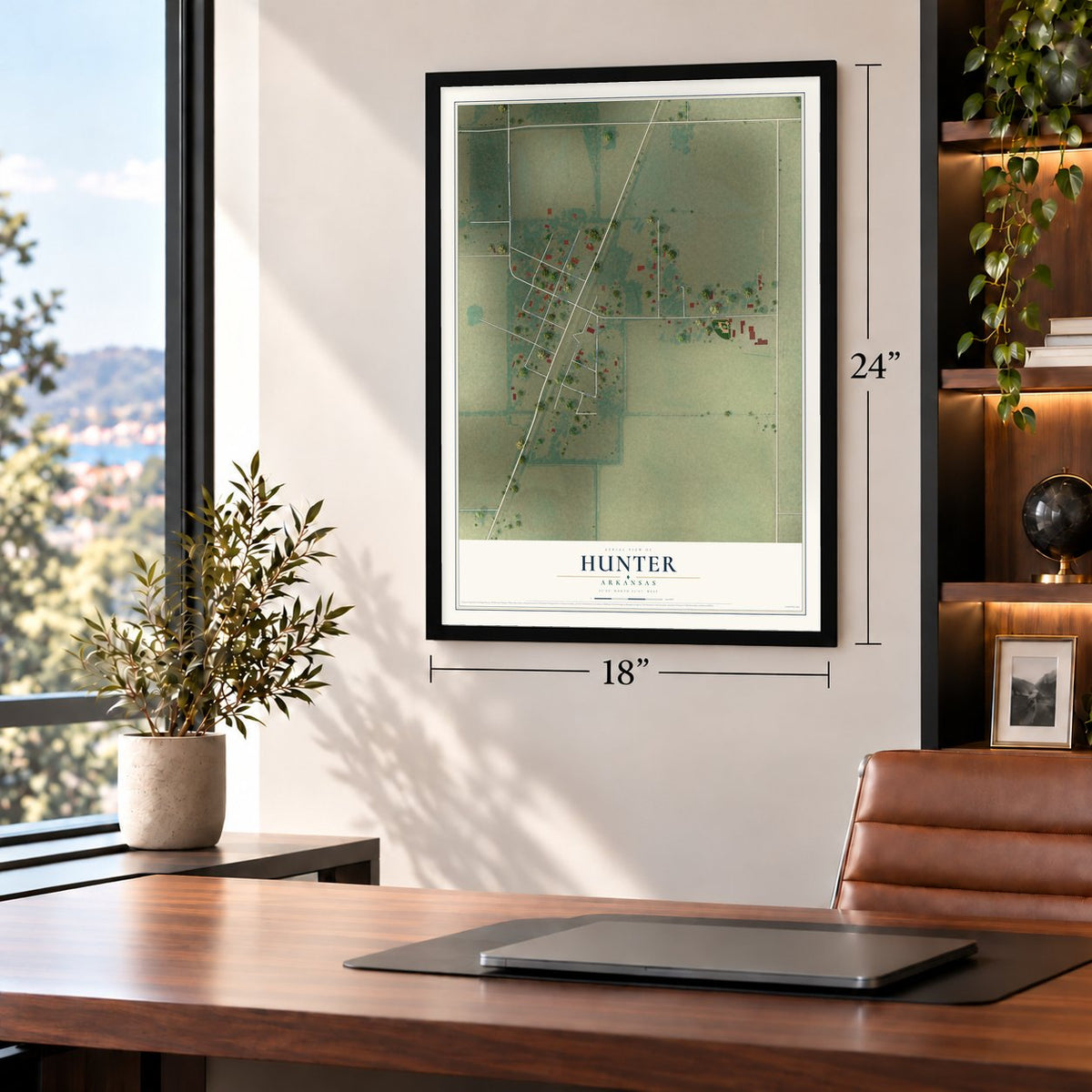 Hunter, Arkansas map, 18 x 24 inch print in a black frame in a home office