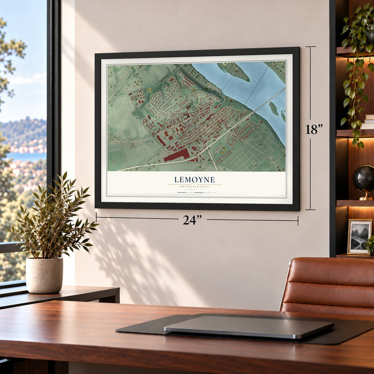 Lemoyne, Pennsylvania map, 18 x 24 inch print in a black frame in a home office