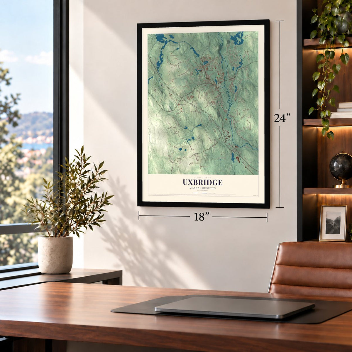 Uxbridge, Massachusetts map, 18 x 24 inch print in a black frame in a home office