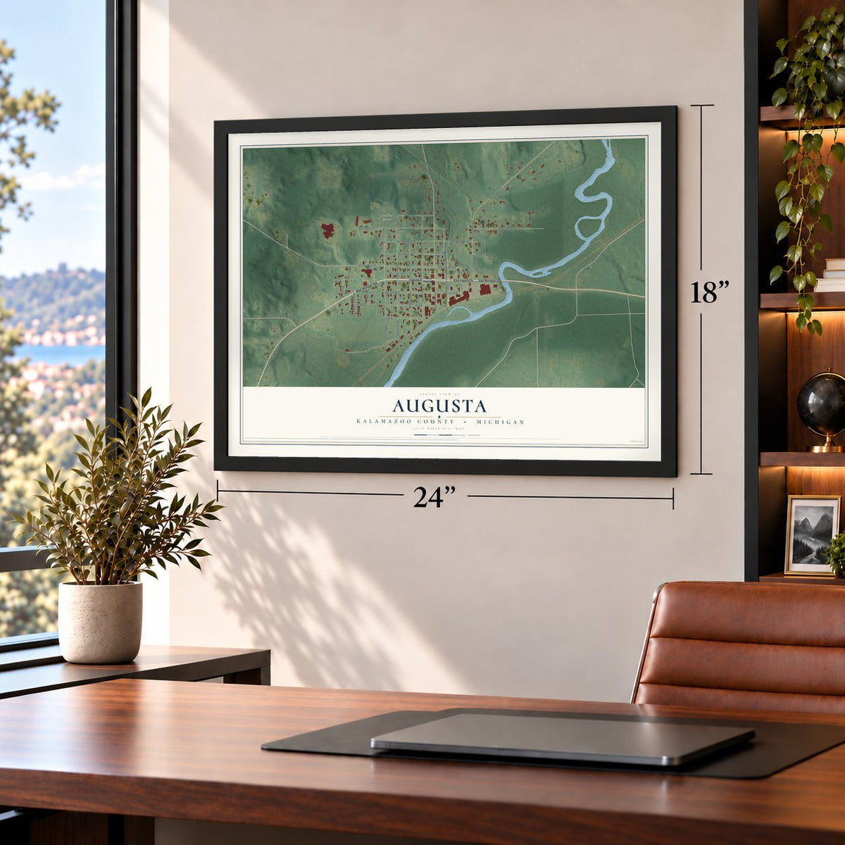 Augusta, Kalamazoo County, Michigan map, 18 x 24 inch print in a black frame in a home office