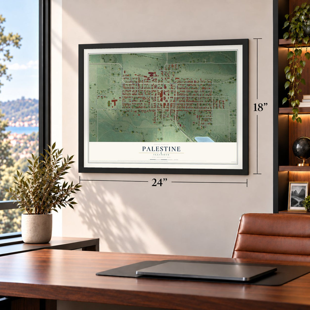 Palestine, Illinois map, 18 x 24 inch print in a black frame in a home office