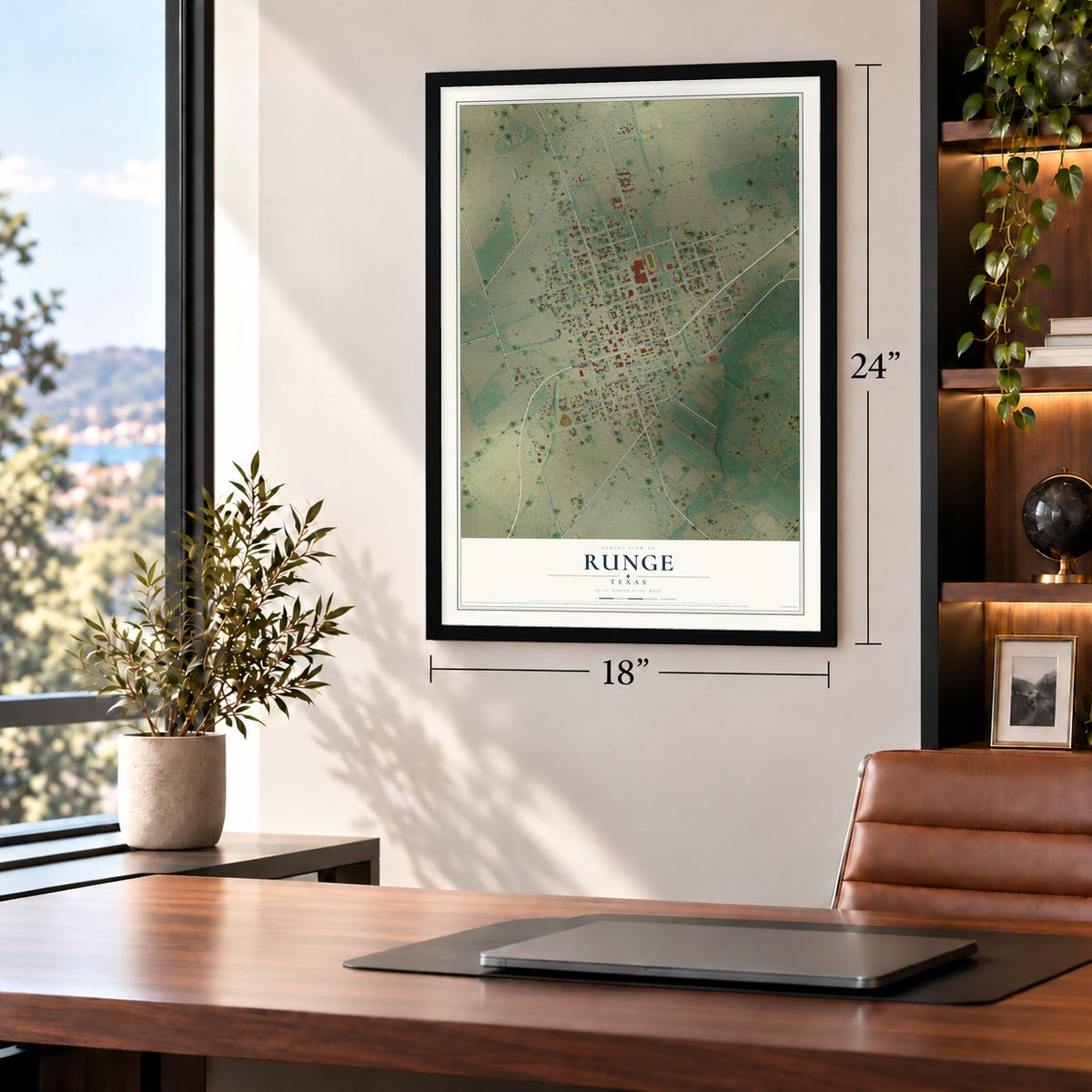 Runge, Texas map, 18 x 24 inch print in a black frame in a home office