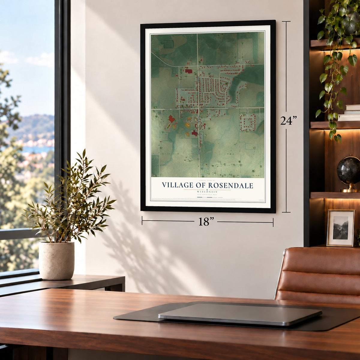 Rosendale, Wisconsin map, 18 x 24 inch print in a black frame in a home office
