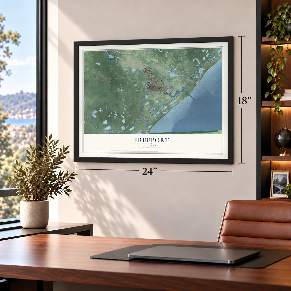 Freeport, Texas map, 18 x 24 inch print in a black frame in a home office
